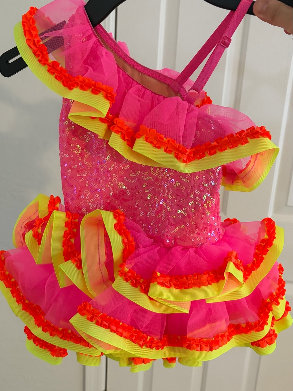 Hot Pink & Neon Yellow Girls' Sequin Ruffle Dance Costume